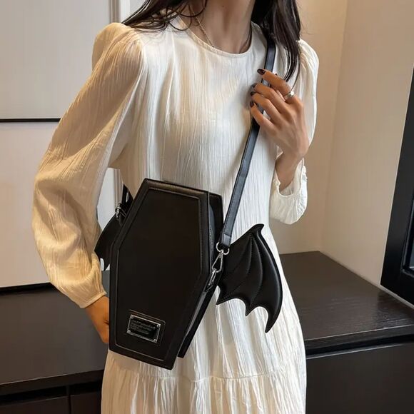 Gothic Emo Coffin Bat Wings Backpack, Convertible to Crossbody Purse Bag - Picture 3 of 3